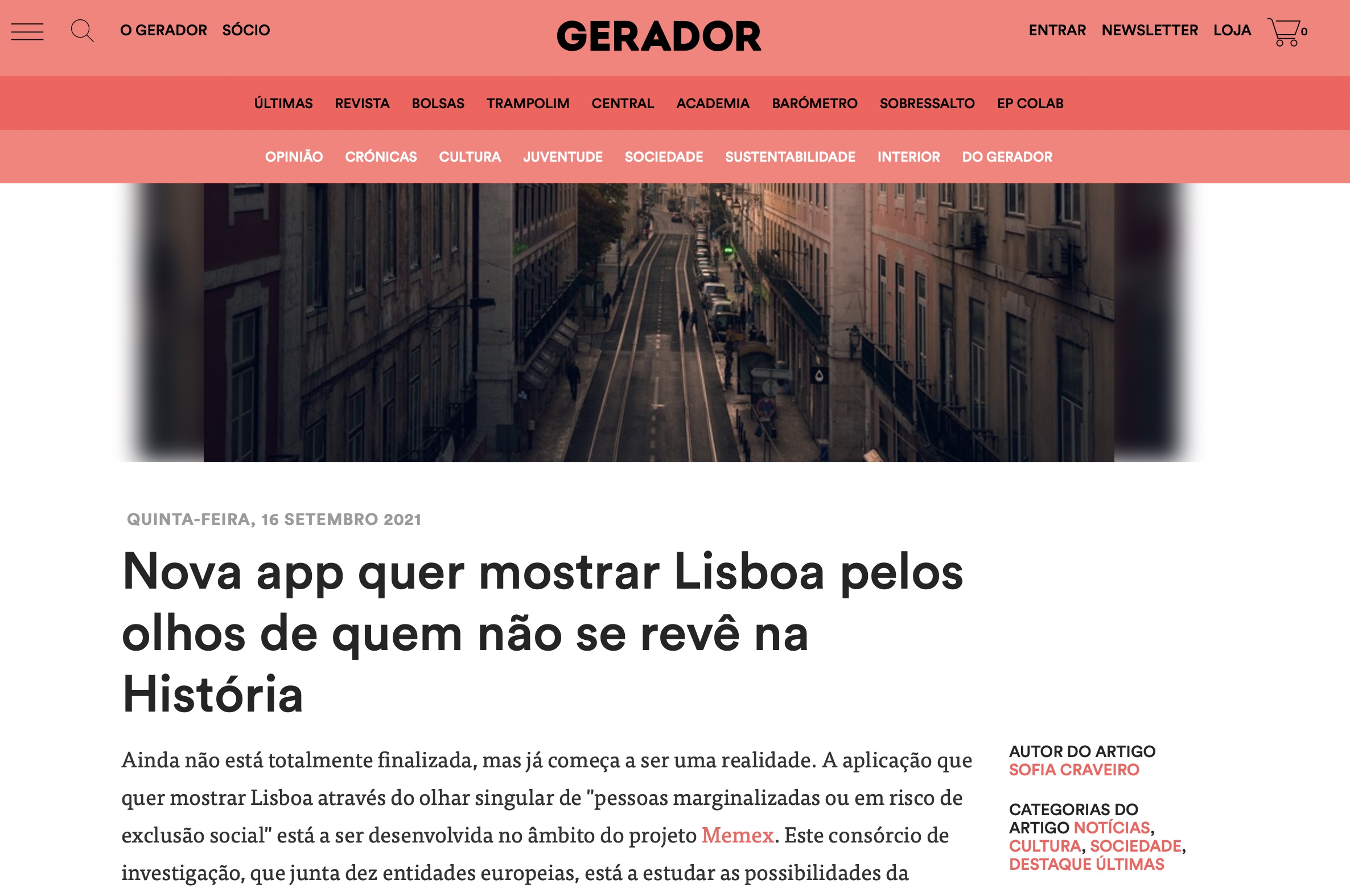 Screen capture of MEMEX article in Gerador