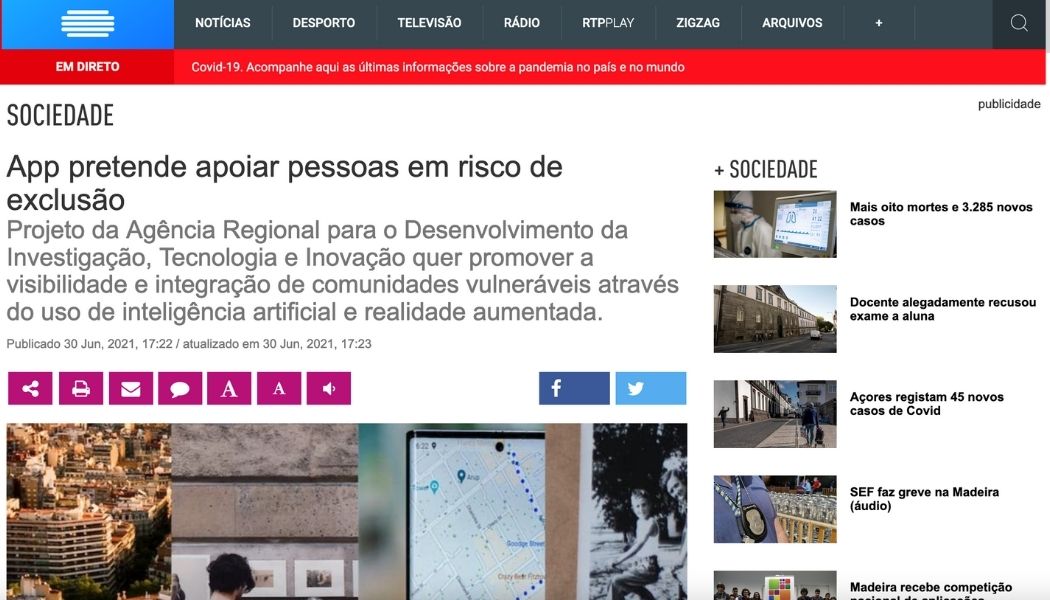 Screen capture of MEMEX article in RTP Madeira