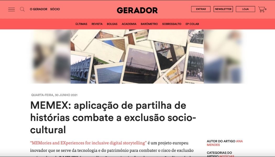 Screen capture of MEMEX article in Gerador